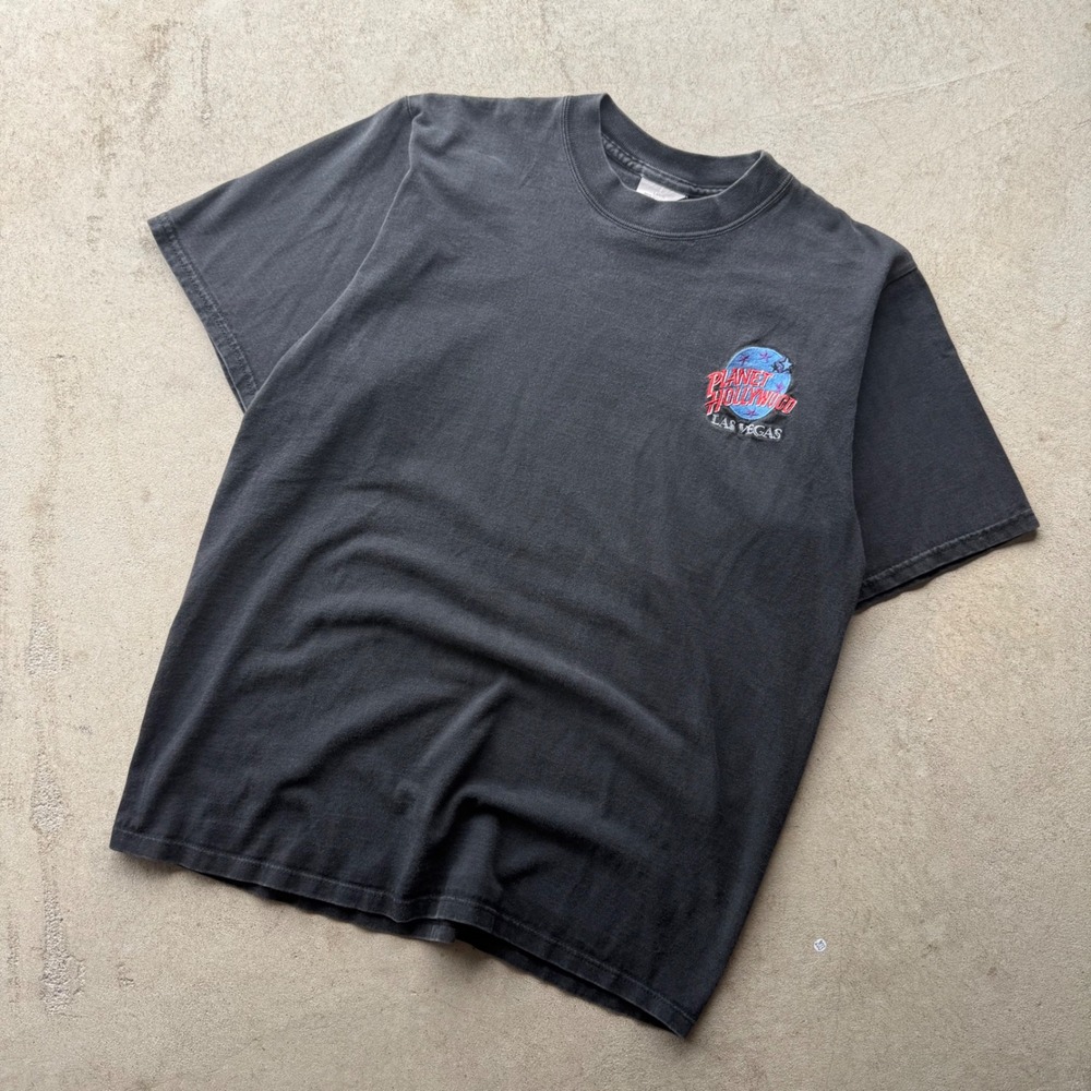 90s Mens Planet Hollywood Las Vegas Embroidered Logo T-Shirt Faded Black Large